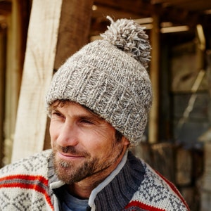 Men's Hand Knitted Bobble Beanie, 100% Wool, Salt & Pepper Design, Warm Winter Hat, Assorted Colours, Fleece Lined, Fair Trade, gift for him