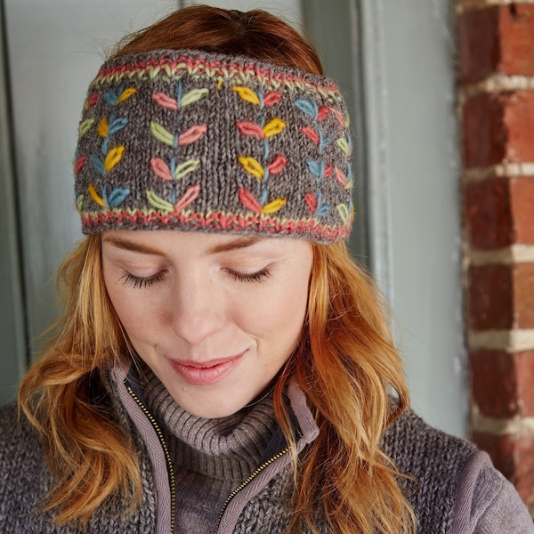 Women's Embroidered Headband - Floral Alice Band - Embroidered Knit Earwarmer - Cream Knitted Headband - Gray Knit Headband - Pachamama