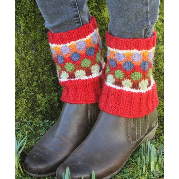 Women's Fair Trade Polka Dot Boot Cuff, 100% Wool Ankle Warmers, Bright Spotty Design, Bold Red Shoe Cuff, Multicolour Stripe, Matching Set