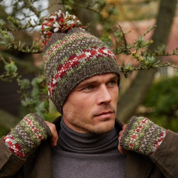 Mens Handmade Fair Isle Knitted Bobble Beanie Hat - Knit Handwarmers - 100% Wool - Warm Earthy Toned - Ethical Gift - Fair Trade - Pachamama