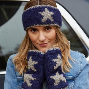 Women&#39;s Navy Star Bobble Hat - Grey Blue Gloves - Warm Knitted Headband - 100% Wool - Retro Star Motif - Fair Trade - Pachamama