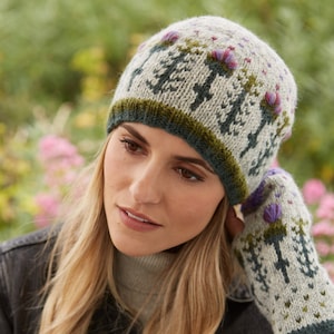 Women&#39;s Embroidered Thistle Beanie - Scottish Thistle - Warm Floral Gloves - Flower Knitted Headband 100% Wool - Pachamama