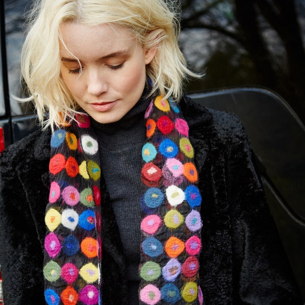 Women's Hand Felted Spotted Scarf, Merino Wool & Chiffon, Bright Colours, Dotty, Polka Dot, Mocha, Light Weight Wool Scarf, Soft Feel