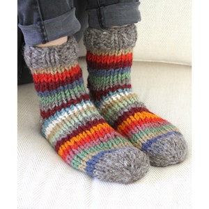 Women's Hand Knitted Striped Sofa Socks, 100% Wool, Fair Trade, Handmade , Bright Vibrant Rainbow, Cosy, Bed, Welly, Warm, Loungewear, Comfy