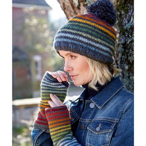 Women's Hand Knitted Rainbow Stripe Grey Bobble Beanie, Handwarmer, 100% Wool Fair Trade Fine Knit Winter Hat, Vibrant Fun Fingerless Gloves