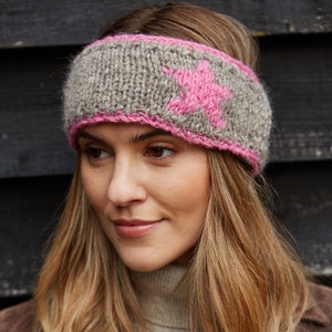 Women's Pink Star Bobble Hat Grey Pink Gloves Warm Knitted Headband 100% Wool Retro Star Motif Fair Trade Pachamama Headband