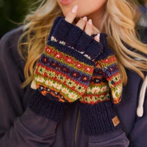 Blue Fair Isle Knitted Glove Mitts - Adjustable Fingerless Gloves to Mittens - 100% Wool - Unlined - Fair Trade - Colorado - Pachamama