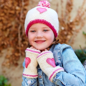 Kid's Heart Bobble Beanie - Heart Gloves - Children's Heart Hat - 100% Wool - Fingerless Gloves - Fleece Lined - Fair Trade - Pachamama