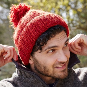 Men's Hand Knitted Bobble Beanie, 100% Wool, Salt & Pepper Design, Warm Winter Hat, Assorted Colours, Fleece Lined, Fair Trade, gift for him Red Mix