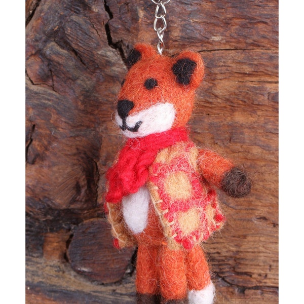 Fox Keyring - Hand Felted Fancy Mr Fox Keychain, Cute Animal Handbag Charm, 100% Wool, Handmade Unique Quirky Gift, Fair Trade Present