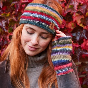 Women's Stripy Bobble Beanie - Knitted Rainbow Headband - Cosy Handwarmers - Stripe Gloves - Boho Chullo - Ethical Clothing - Pachamama