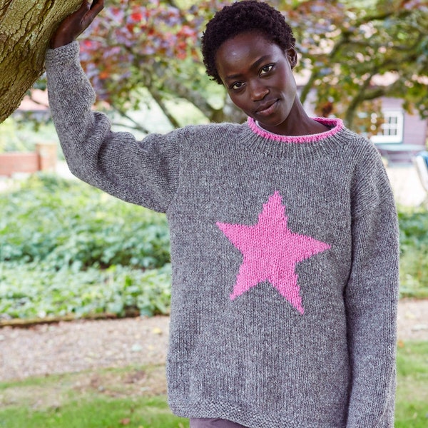 Women's Wool Sweater - Pink Star - Handknitted Jumper - Ethical Clothing - Pachamama -  Retro 90s Star Motif
