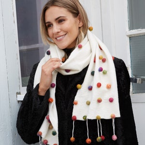 Women&#39;s Hand Felted Scarf - Pom Pom Scarf - Soft Bobble Scarf for Spring and Summer - Felt Wool Scarf - Pachamama