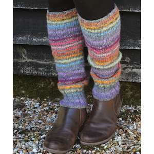 Hand Knit Rainbow Stripe Leg Warmers, 100% Wool, Fair Trade Unlined Legwarmers, Knee High Boot Toppers, Pastel Sunrise Colourful Soft Stripy