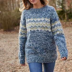 ZDC | Women&#39;s Knitted Mohair Sweater in Teal Blue - Chunky Knit Fair Isle Pattern - Handmade Soft Comfy Jumper - Fair Trade - Pachamama