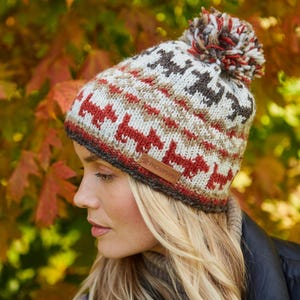 Walking the Dog Knitted Bobble Hat - Fair Isle Dog Beanie - 100% Wool - Fair Trade - Pachamama