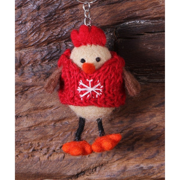 Felt Mrs Funky Chicken Keyring, Handfelted Hen Keychain Cute Animal Handbag Charm, 100% Wool Handmade Unique Quirky Gift, Fair Trade Present