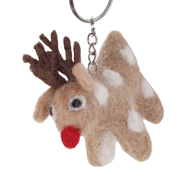 Felt Rudolph Keyring, Hand Felted Rudolf Reindeer Keychain, Animal Handbag Charm, 100% Wool, Handmade Unique Quirky Gift, Fair Trade Present