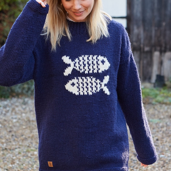 Men's and Women's Fish Knitted Jumper - Navy Blue Sweater - 100% Wool Handmade in Nepal - Chunky Knit Oversized Pullover - Pachamama