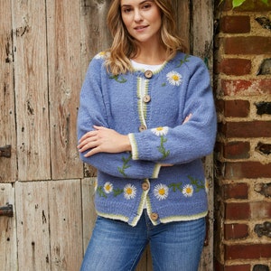 Blue Daisy Chain Cardigan - Embroidered Flowers - 100% Wool - Handmade - Floral Cardi - Sustainable Clothing - Fair Trade - Pachamama