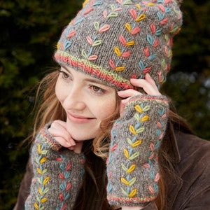 Women&#39;s Embroidered Beanie - Floral Embroidered Beanie - Floral Embroidered Knit Hat - Grey Knitted Beanie - Cream Knit Hat - Pachamama