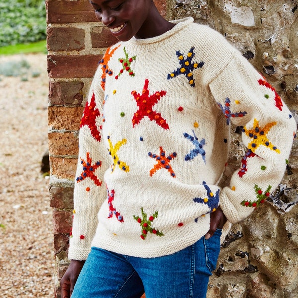 Bright Starfish Sweater - Hand Knitted Jumper - Multicoloured - Retro Design Jumper - Sea Theme - 100% Wool - Ethical Clothing - Pachamama