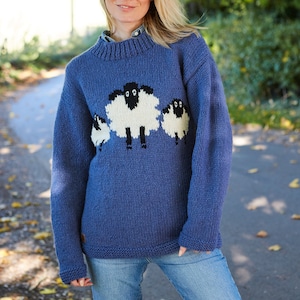 Women's Knitted Sheep Jumper - Blue Knit Sweater - Oversized Farm Pullover - 100% Wool - Sustainable Clothing - Fair Trade - Pachamama