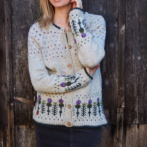 Knitted Thistle Cardigan - Floral Button Up Cardi - Embroidered Flowers - Scottish Thistle - Flower Design - Ethical Clothing - Pachamama