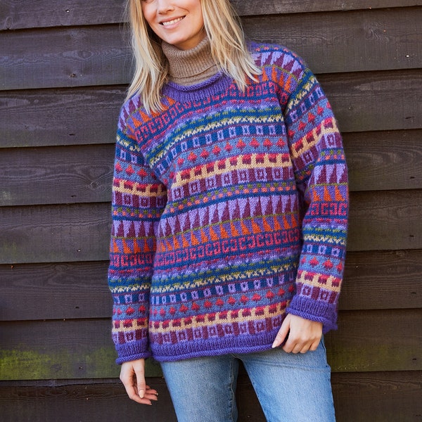 Womens Bright Purple Pattern Jumper - Festival Sweater - Bold Patterned Pullover - 100% Wool - Handmade in Nepal - Fair Trade - Pachamama