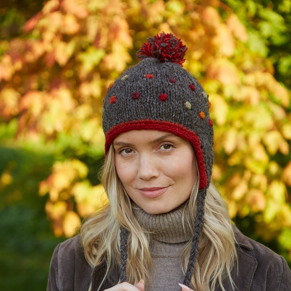 Chullo à pois - Chullo en tricot - Bonnet à cache-oreilles en tricot - Chullo en tricot - 100 % laine - Bonnet à pois - Bonnet à pois pour femme - Pachamama