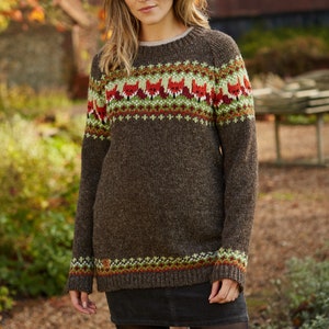 Women&#39;s Knitted Fox Jumper - Brown Knit Sweater - Animal Jumper - Fox Sweater - Warm Pullover - 100% Wool - Fair Trade - Pachamama