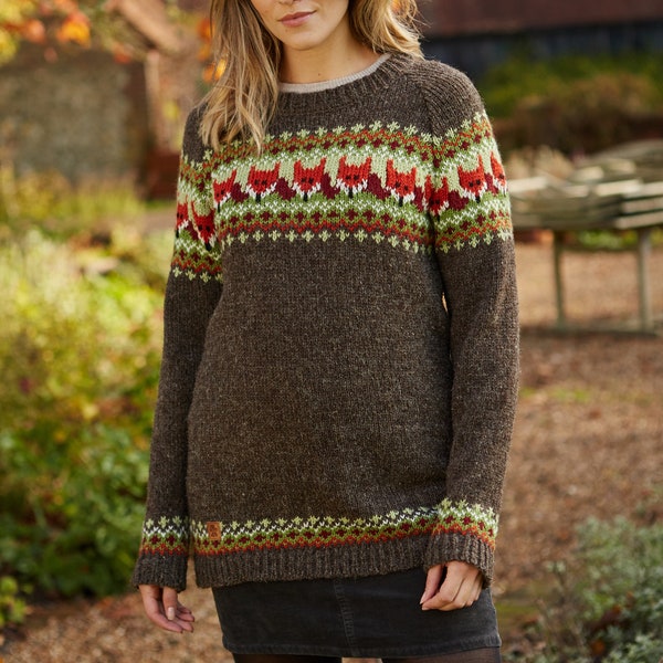 Women's Knitted Fox Jumper - Brown Knit Sweater - Animal Jumper - Earthy tones - 100% Wool Handmade - Fair Trade - Pachamama