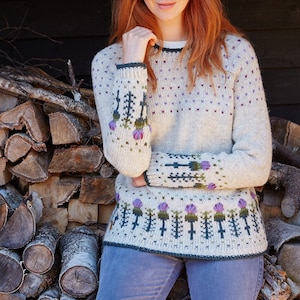 Women&#39;s Thistle Sweater - 100% Wool - Hand Knitted - Embroidery - Spring Pull Over - Floral Jumper - Fair Trade - Pachamama