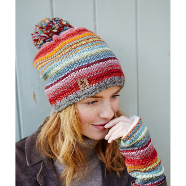 Women's Hand Knitted 100% Wool Bobble Beanie, Sunset Stripe Fair Trade Winter Hat, Headband, Fingerless Gloves, Sunrise, Bright