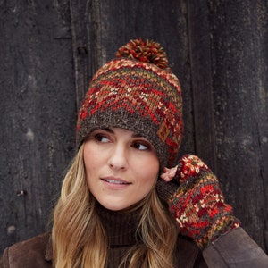 Women's Knitted Fair Isle Bobble Beanie - Red Knit Handwarmers - Orange Knitted Headband - 100% Wool - Handmade - Earthy - Pachamama