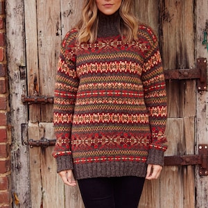 Women's Fair Isle Orange Red Sweater - 100% Wool Handmade Knit Jumper - Warm earth tones - Cosy Fine Knit Pullover - Fair Trade - Pachamama