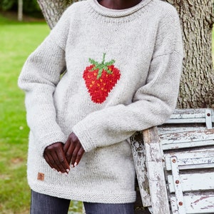 Strawberry Knitted Sweater Spring Jumper Fruit Motif 100% Wool Handknit Oversized Knit Pullover Fair Trade Pachamama image 1