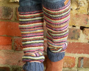 Womens Knitted Denim Stripe Legwarmers - Stripe Gaiters - Knitted Boot Cuffs - Blue Legwarmers - 100% Wool - Fair Trade - Pachamama