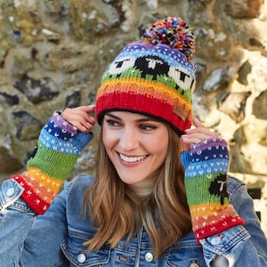 Black Sheep Knitted Beanie - Roll Back Bobble Beanie - Knitted Pom Pom Beanie - Hand knitted Flock of Sheep - Farm Animal Beanie - Pachamama