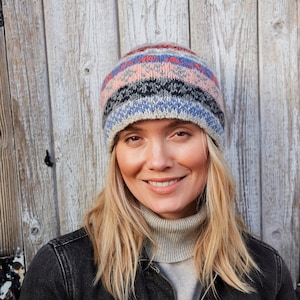 Women&#39;s Fair Isle Beanie - Hand knitted Fairisle Hat - Fleece Lined Beanie - Fair Isle Pattern - 100% Wool - Warm Knit Beanie - Pachamama