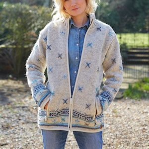 Women&#39;s Handmade Zip Jacket, Hand Embroidered Flowers, 100% Wool, Fleece Lined Zipper Coat, Fair Trade Bark or Oatmeal, Warm or Cool Colours