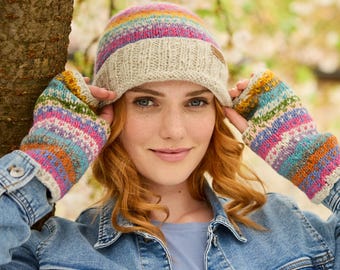 Women's Knitted Pastel Dots & Stripes Roll Back Beanie: 100% Wool - Pachamama