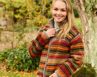 Women's Knitted Stripy Sunset Cardigan: 100% Wool, Pachamama