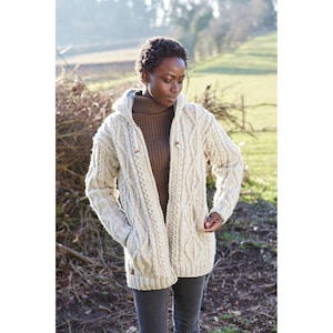 Women's Hand Knitted Hoody. 100% Wool Outer. Fully Fleece Lined, Full Length Zip. Pockets. Cream, Oatmeal, Grey