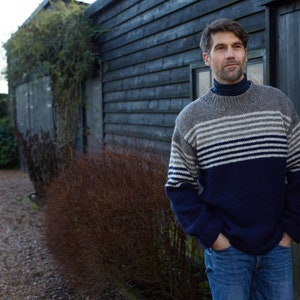 Men's Striped Knitted Jumper - Blue Knit Sweaters - Knitted 100% Wool - Men's Minimalist Pullover - Fair Trade - |tbdc