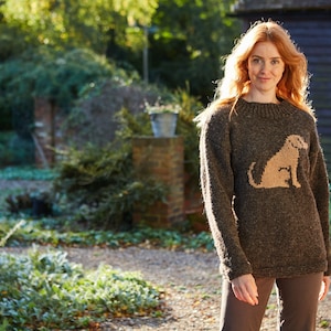 May include: A woman wearing a brown sweater with a beige dog design. The sweater has a crew neck and long sleeves. The woman is standing in a garden setting.