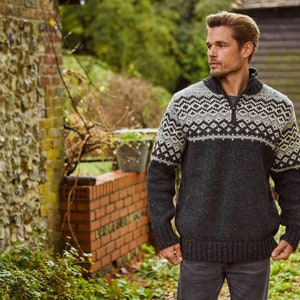Mens Fair Isle Half Zip Jumper - Mens Nordic Sweater - Mens Black Knit Jumper - Mens Black Half Zip Sweater - Fair Isle Knitwear - Pachamama