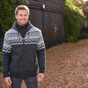 Moletom com capuz Fair Isle masculino - Moletom nórdico masculino - Moletom com capuz masculino preto de malha com forro de lã - Com zíper preto masculino - Malhas Fair Isle - Pachamama