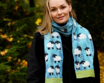 Flock of Sheep Felt Wool Scarf: Merino & Chiffon , Pachamama