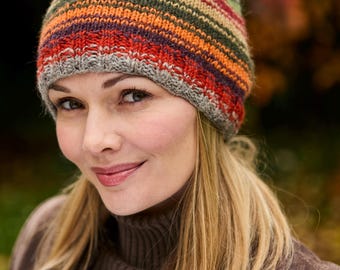 Women's Knitted Stripy Sunset Bobble Beanie: 100% Wool, Pachamama